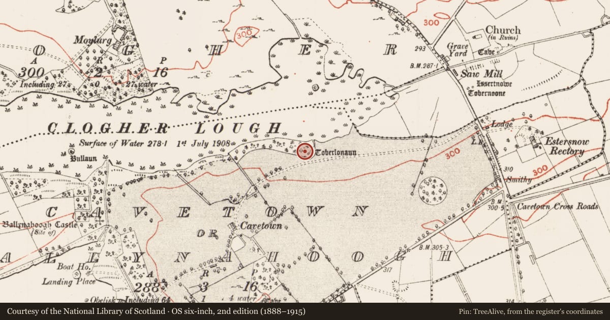 Ordnance Survey six-inch map, 2nd edition (1888–1915) covering the location of Ritual site - holy well, Cavetown Or Ballynahoogh, County Roscommon, with a pin at the register's coordinates