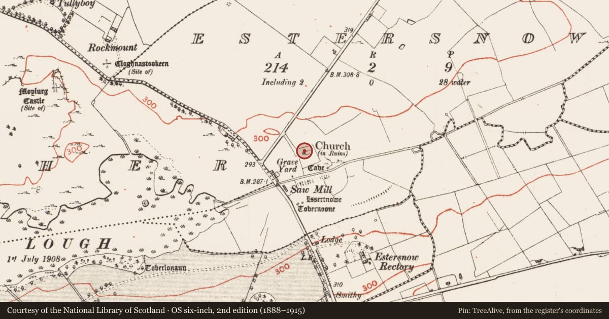 Ordnance Survey six-inch map, 2nd edition (1888–1915) covering the location of Church, Estersnow, County Roscommon, with a pin at the register's coordinates