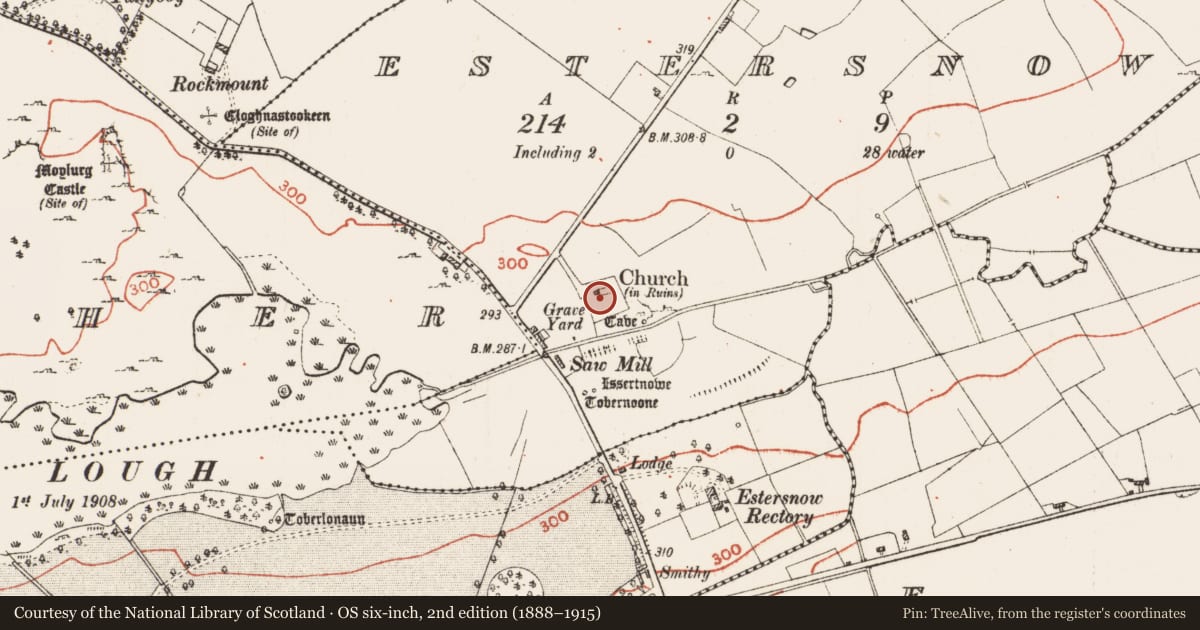 Ordnance Survey six-inch map, 2nd edition (1888–1915) covering the location of Graveyard, Estersnow, County Roscommon, with a pin at the register's coordinates