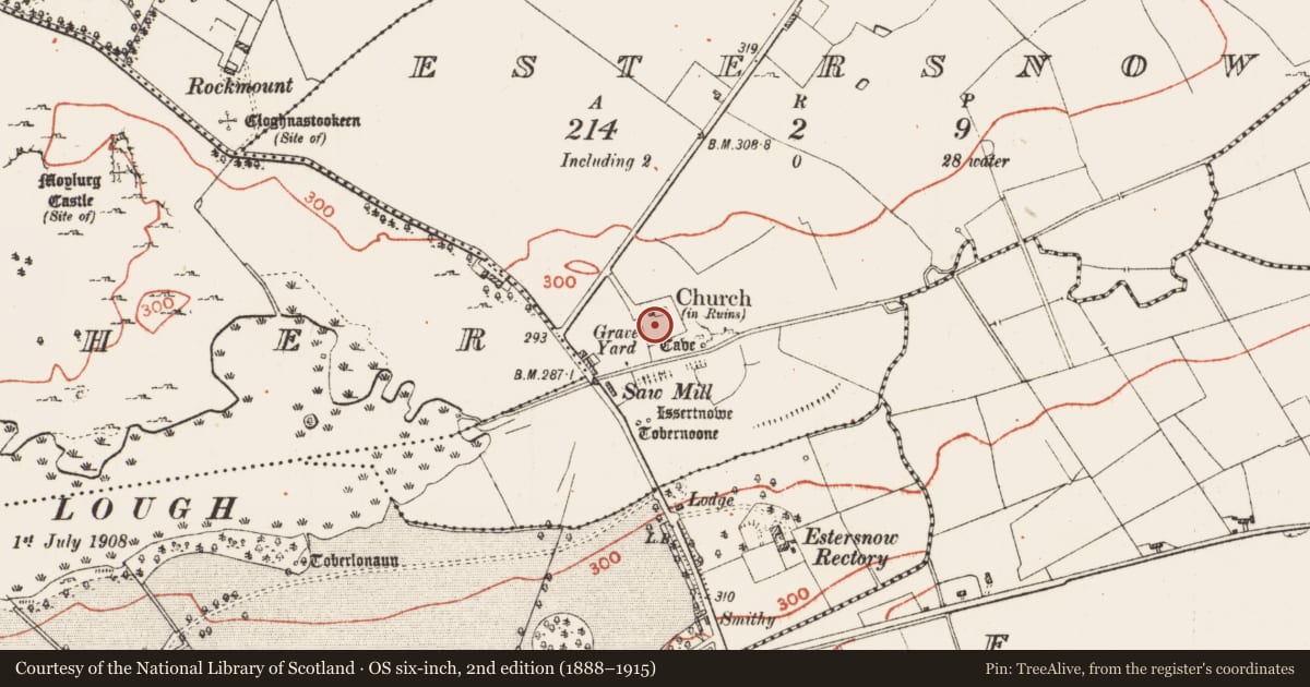 Ordnance Survey six-inch map, 2nd edition (1888–1915) covering the location of Ecclesiastical enclosure, Estersnow, County Roscommon, with a pin at the register's coordinates