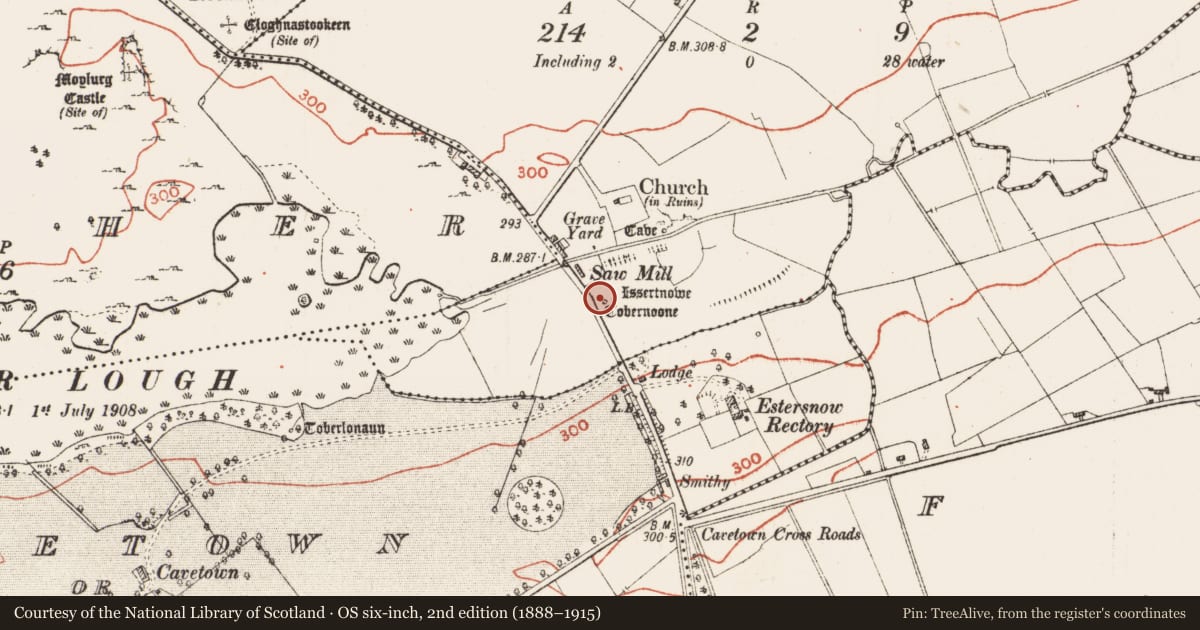 Ordnance Survey six-inch map, 2nd edition (1888–1915) covering the location of Ritual site - holy well, Estersnow, County Roscommon, with a pin at the register's coordinates