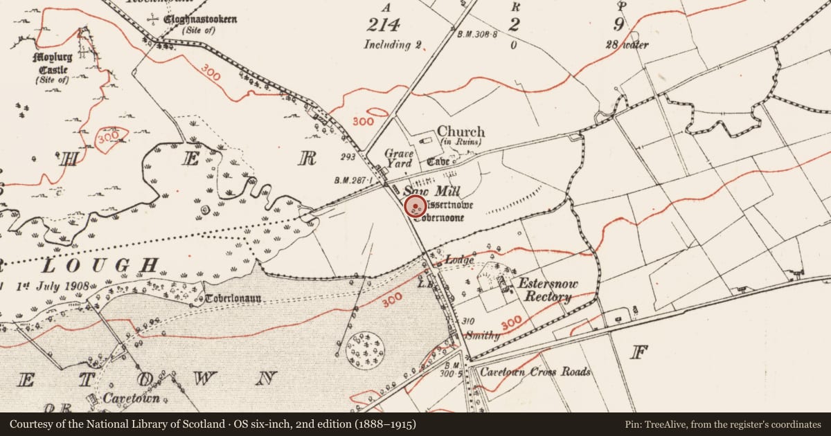 Ordnance Survey six-inch map, 2nd edition (1888–1915) covering the location of Souterrain, Estersnow, County Roscommon, with a pin at the register's coordinates