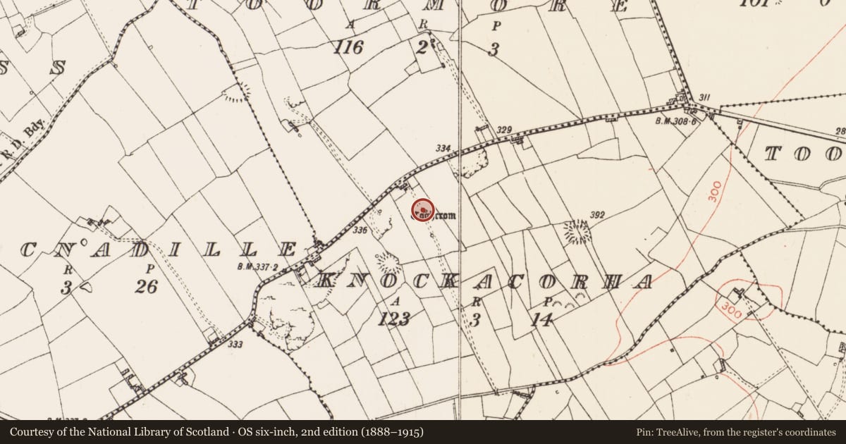 Ordnance Survey six-inch map, 2nd edition (1888–1915) covering the location of Standing stone, Knockacorha, County Roscommon, with a pin at the register's coordinates