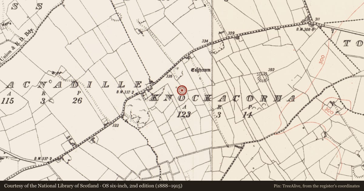 Ordnance Survey six-inch map, 2nd edition (1888–1915) covering the location of Ringfort - rath, Knockacorha, County Roscommon, with a pin at the register's coordinates