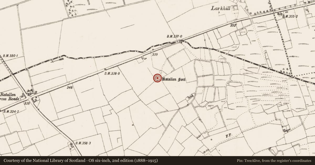 Ordnance Survey six-inch map, 2nd edition (1888–1915) covering the location of Ringfort - rath, Ratallen, County Roscommon, with a pin at the register's coordinates
