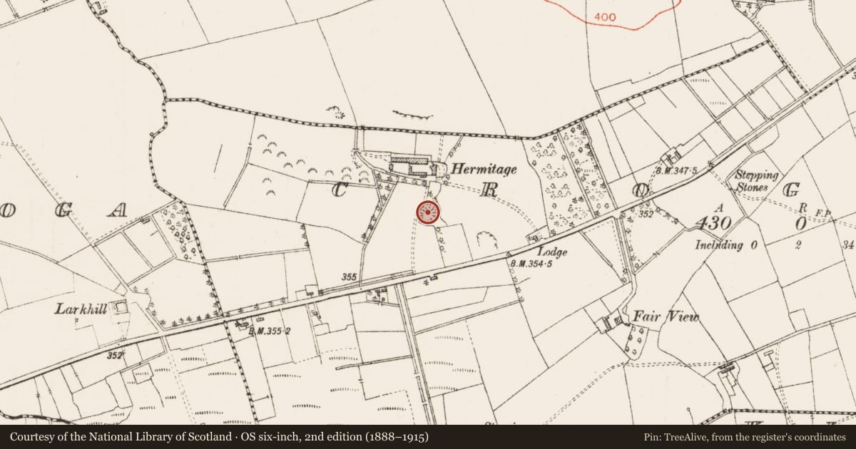 Ordnance Survey six-inch map, 2nd edition (1888–1915) covering the location of Designed landscape - tree-ring, Croghan, County Roscommon, with a pin at the register's coordinates