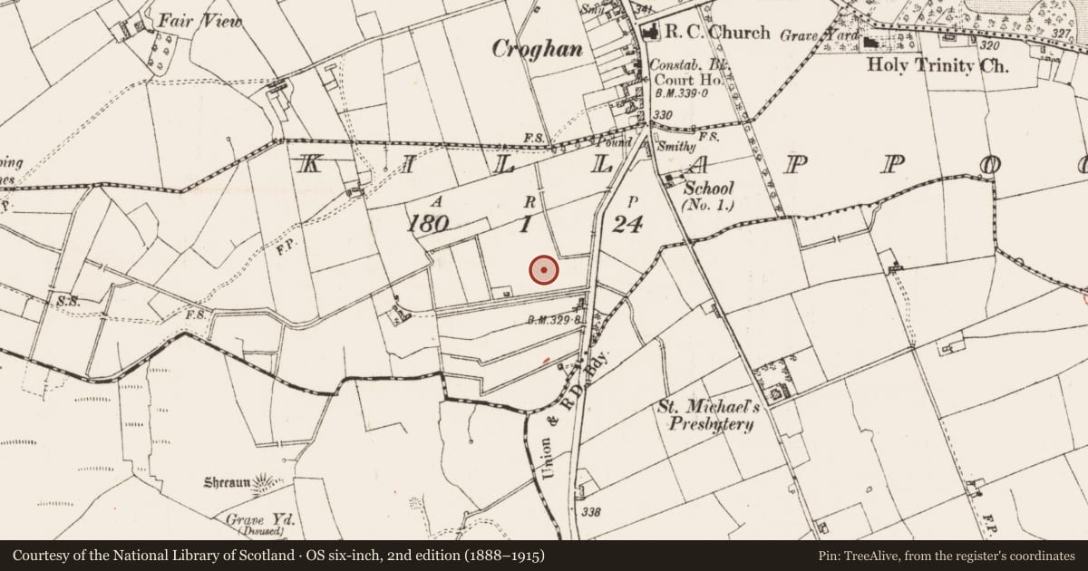 Ordnance Survey six-inch map, 2nd edition (1888–1915) covering the location of Ringfort - rath, Killappoge, County Roscommon, with a pin at the register's coordinates