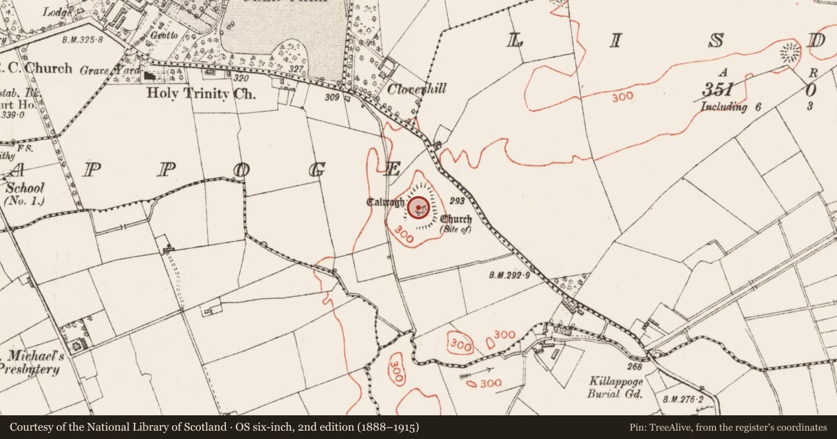 Ordnance Survey six-inch map, 2nd edition (1888–1915) covering the location of Church, Killappoge, County Roscommon, with a pin at the register's coordinates