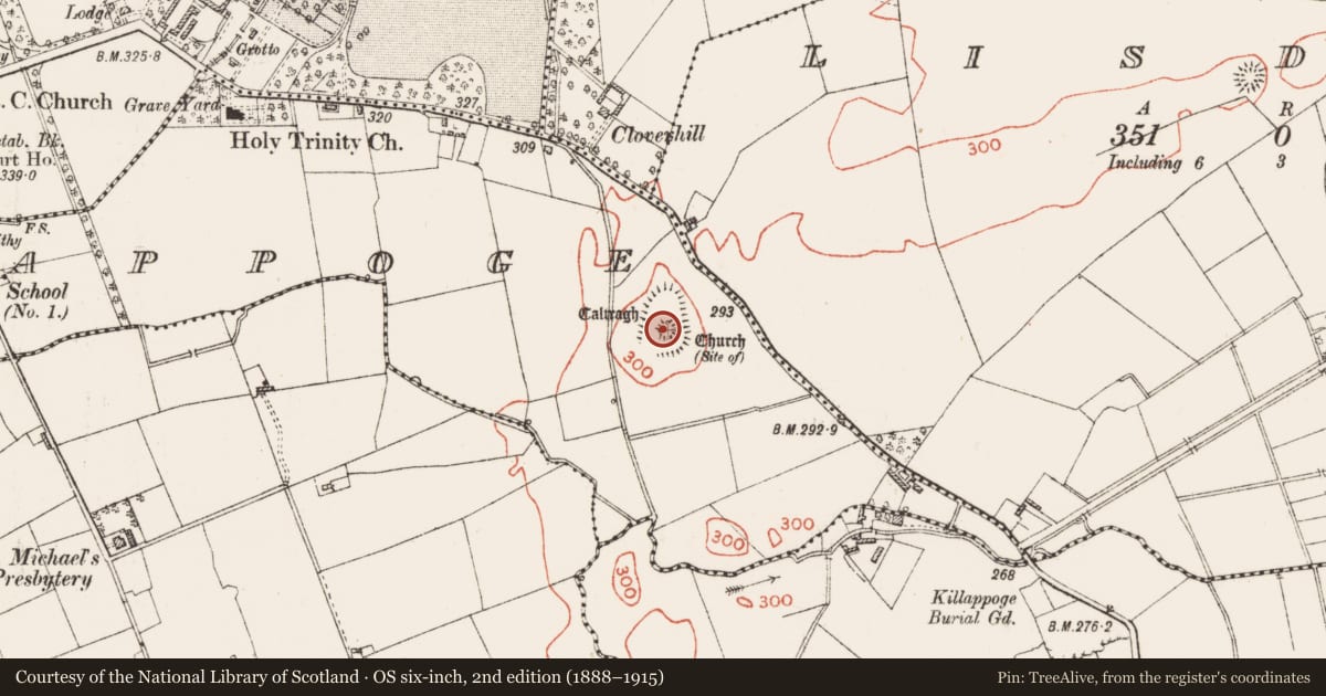 Ordnance Survey six-inch map, 2nd edition (1888–1915) covering the location of Graveyard, Killappoge, County Roscommon, with a pin at the register's coordinates