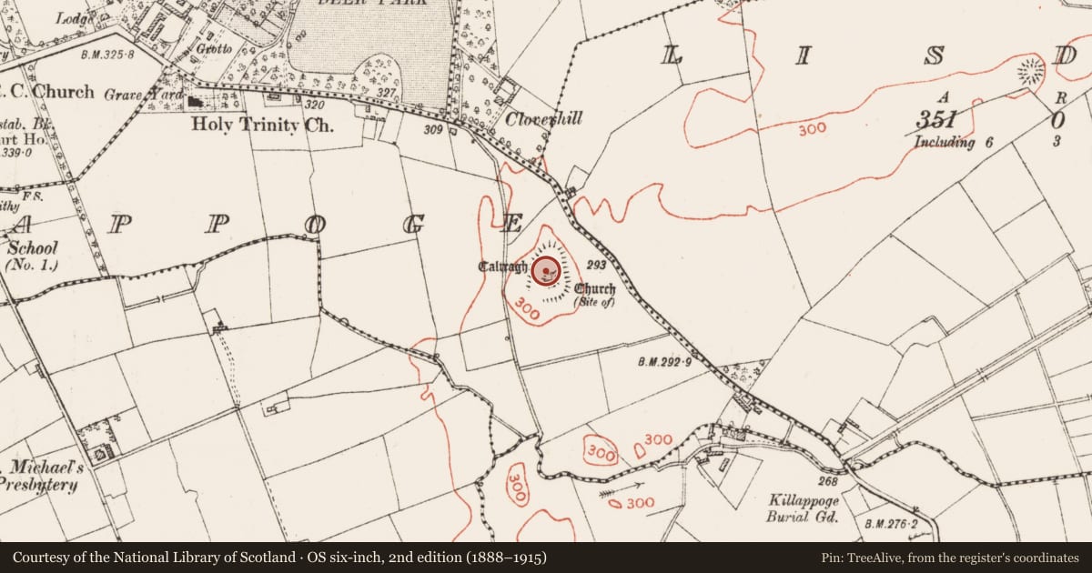 Ordnance Survey six-inch map, 2nd edition (1888–1915) covering the location of Ecclesiastical enclosure, Killappoge, County Roscommon, with a pin at the register's coordinates