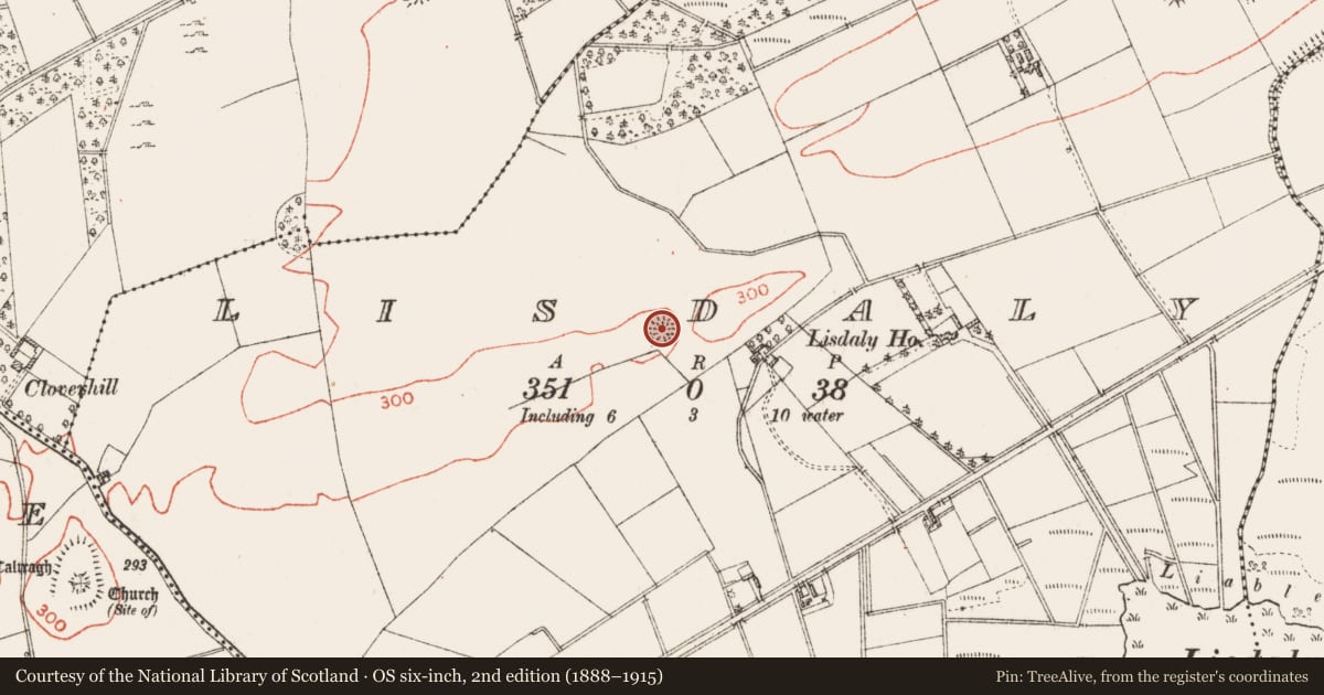 Ordnance Survey six-inch map, 2nd edition (1888–1915) covering the location of Ringfort - rath, Lisdaly, County Roscommon, with a pin at the register's coordinates