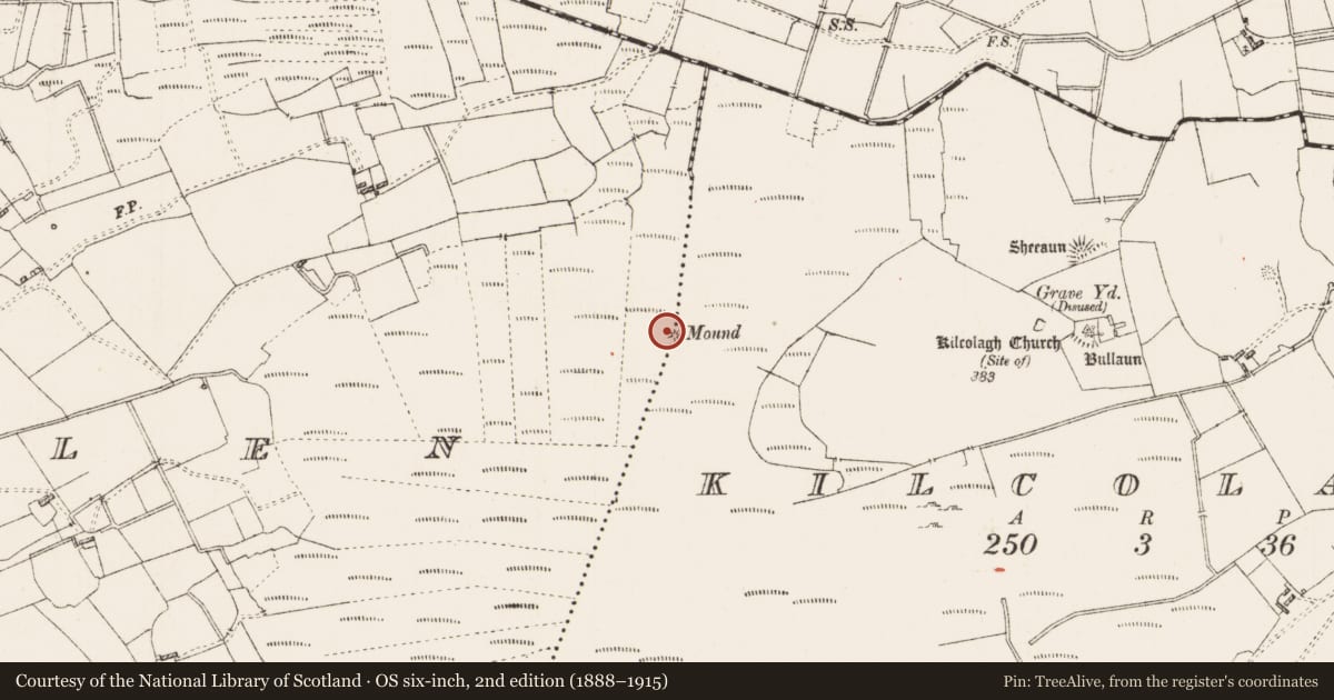 Ordnance Survey six-inch map, 2nd edition (1888–1915) covering the location of Boundary mound, Kilcolagh, Ratallen, County Roscommon, with a pin at the register's coordinates