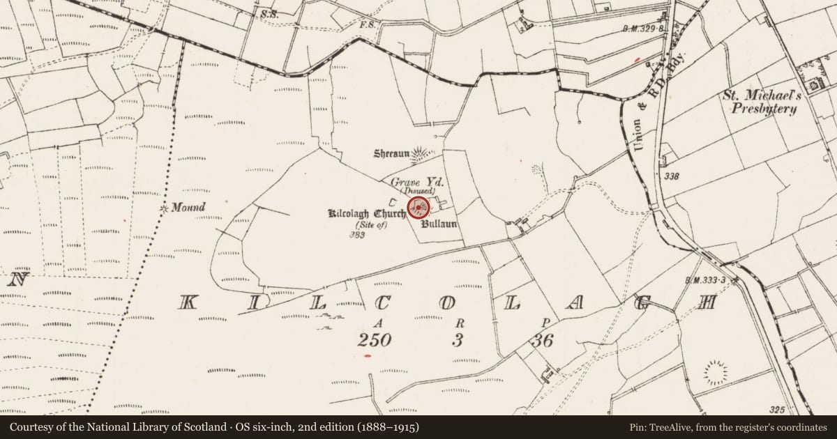 Ordnance Survey six-inch map, 2nd edition (1888–1915) covering the location of Graveyard, Kilcolagh, County Roscommon, with a pin at the register's coordinates