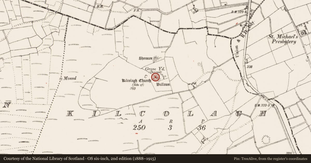 Ordnance Survey six-inch map, 2nd edition (1888–1915) covering the location of Enclosure, Kilcolagh, County Roscommon, with a pin at the register's coordinates