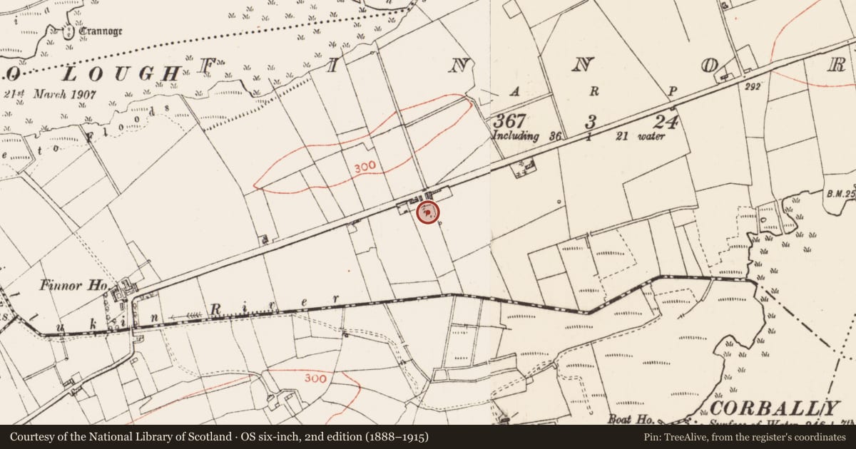 Ordnance Survey six-inch map, 2nd edition (1888–1915) covering the location of Souterrain, Finnor, County Roscommon, with a pin at the register's coordinates