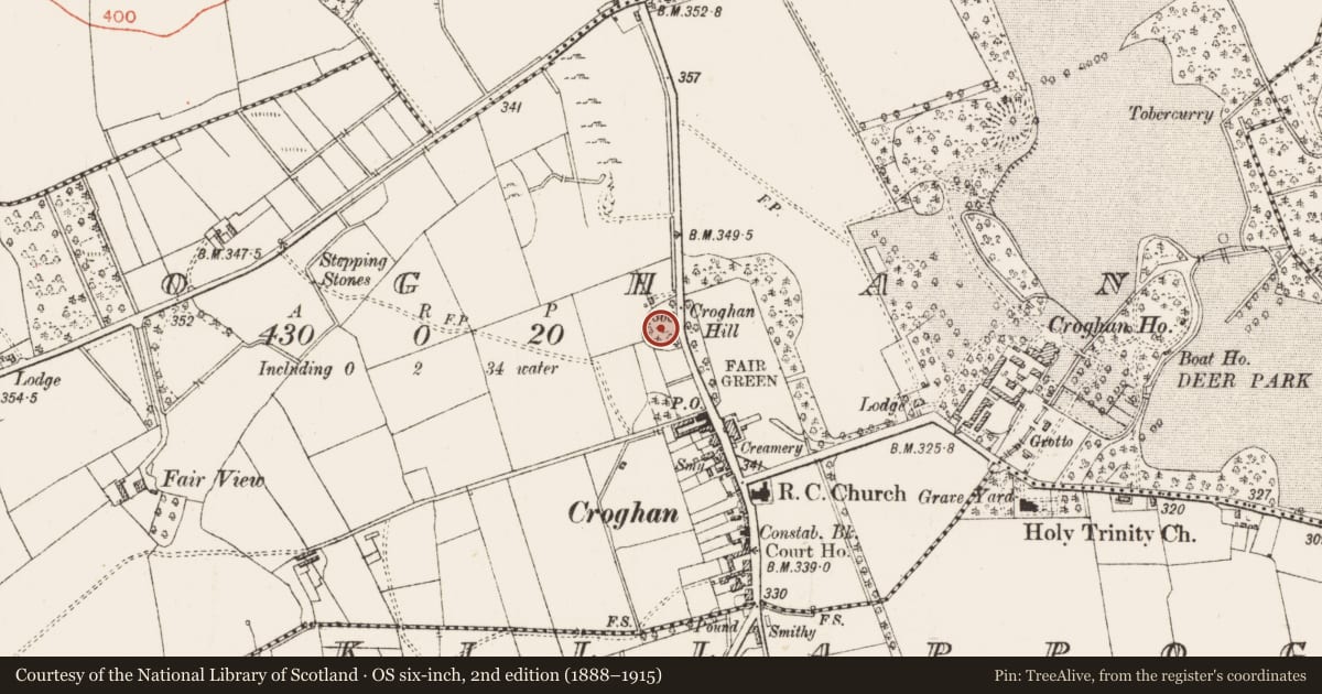 Ordnance Survey six-inch map, 2nd edition (1888–1915) covering the location of Mound, Croghan, County Roscommon, with a pin at the register's coordinates