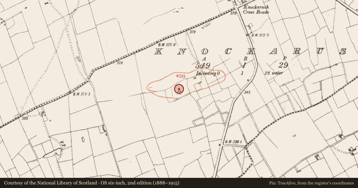 Ordnance Survey six-inch map, 2nd edition (1888–1915) covering the location of Barrow - mound barrow, Knockarush, County Roscommon, with a pin at the register's coordinates