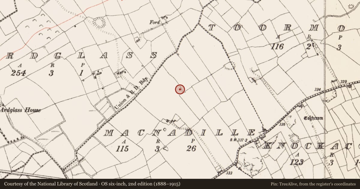 Ordnance Survey six-inch map, 2nd edition (1888–1915) covering the location of Penal Mass station, MacNadille, County Roscommon, with a pin at the register's coordinates