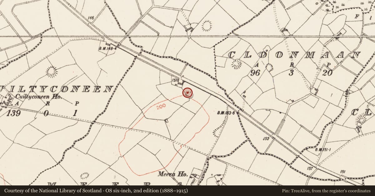 Ordnance Survey six-inch map, 2nd edition (1888–1915) covering the location of Ringfort - rath, Meera, County Roscommon, with a pin at the register's coordinates