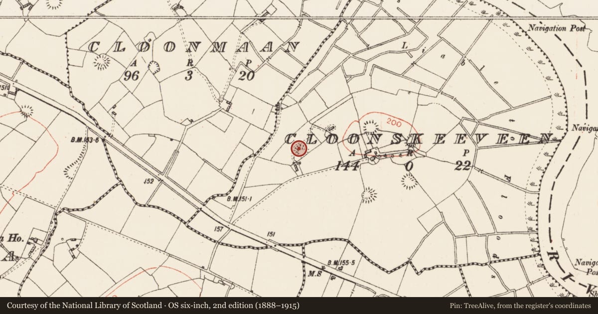 Ordnance Survey six-inch map, 2nd edition (1888–1915) covering the location of Ringfort - rath, Cloonskeeveen, County Roscommon, with a pin at the register's coordinates