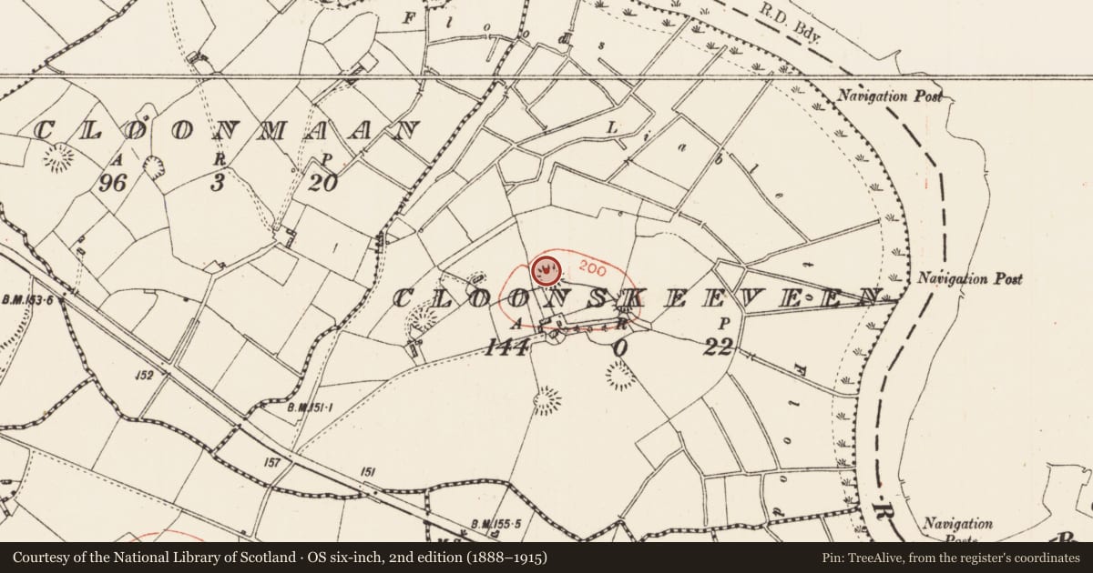 Ordnance Survey six-inch map, 2nd edition (1888–1915) covering the location of Ringfort - rath, Cloonskeeveen, County Roscommon, with a pin at the register's coordinates