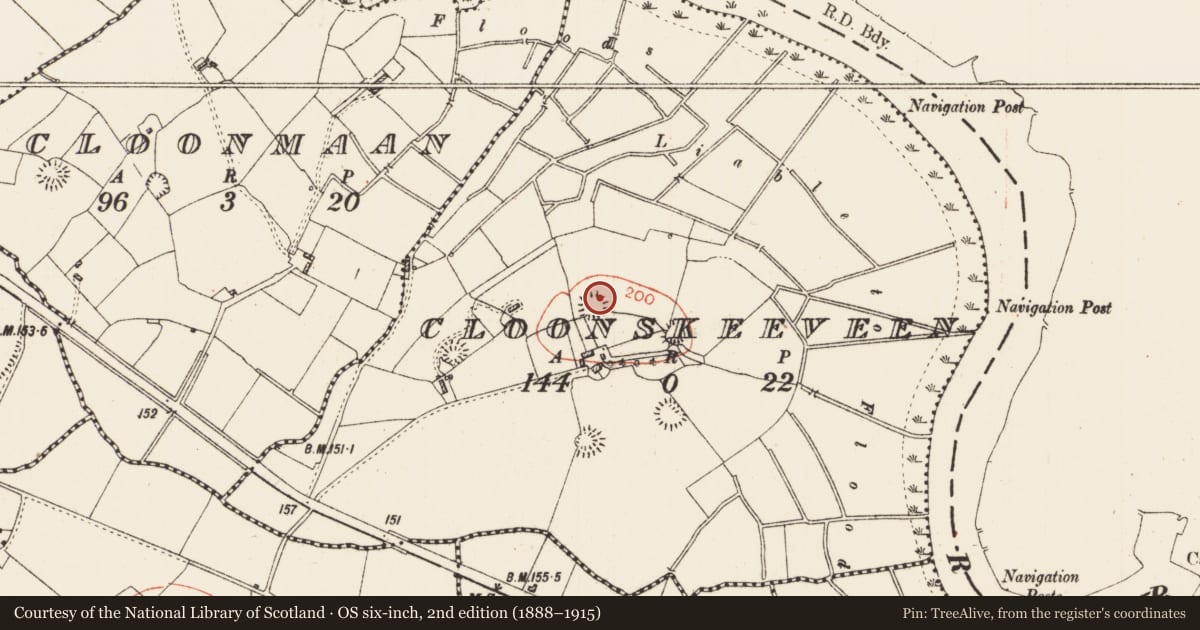 Ordnance Survey six-inch map, 2nd edition (1888–1915) covering the location of House - indeterminate date, Cloonskeeveen, County Roscommon, with a pin at the register's coordinates