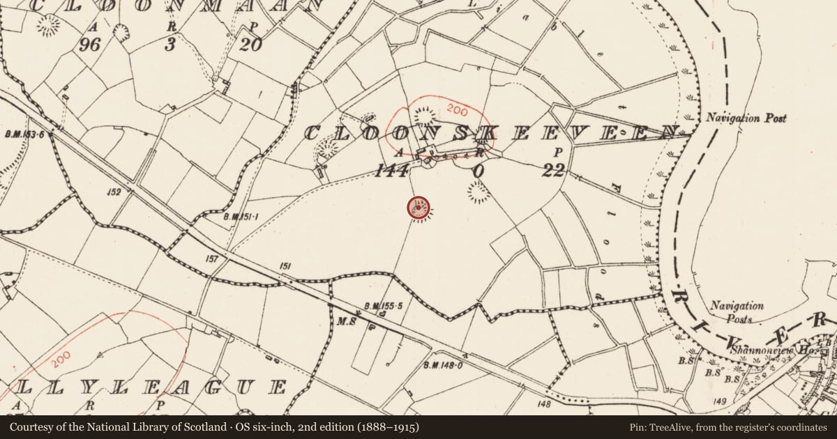 Ordnance Survey six-inch map, 2nd edition (1888–1915) covering the location of Ringfort - rath, Cloonskeeveen, County Roscommon, with a pin at the register's coordinates