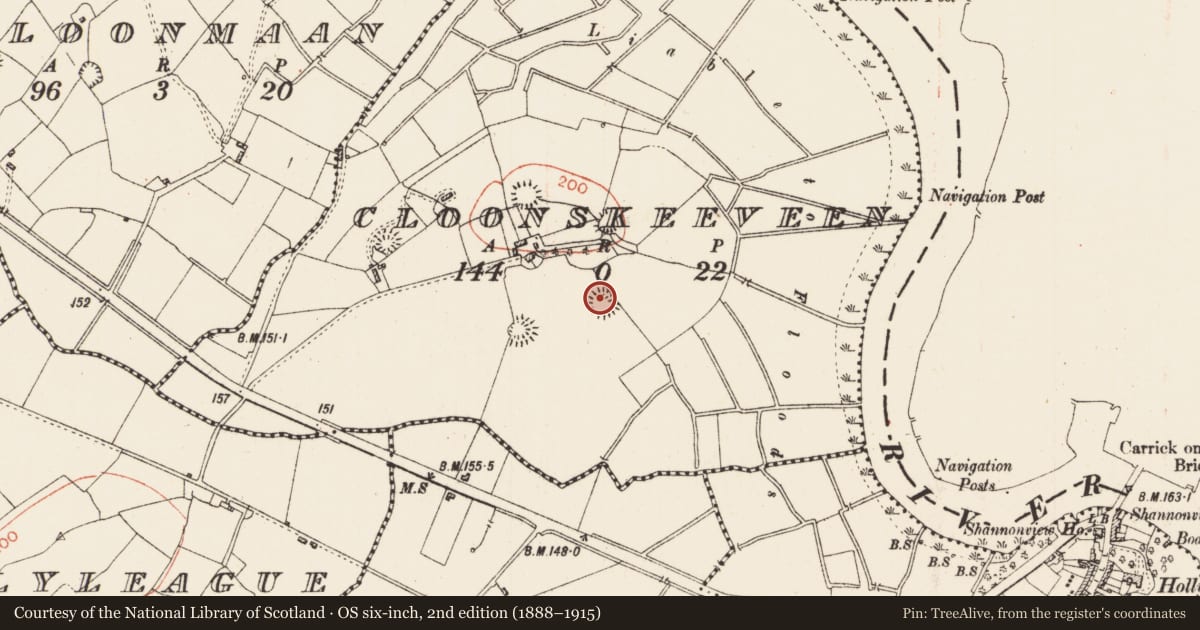 Ordnance Survey six-inch map, 2nd edition (1888–1915) covering the location of Ringfort - rath, Cloonskeeveen, County Roscommon, with a pin at the register's coordinates