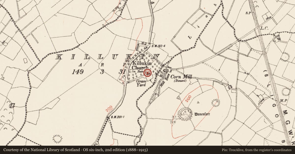 Ordnance Survey six-inch map, 2nd edition (1888–1915) covering the location of Church, Killukin, County Roscommon, with a pin at the register's coordinates