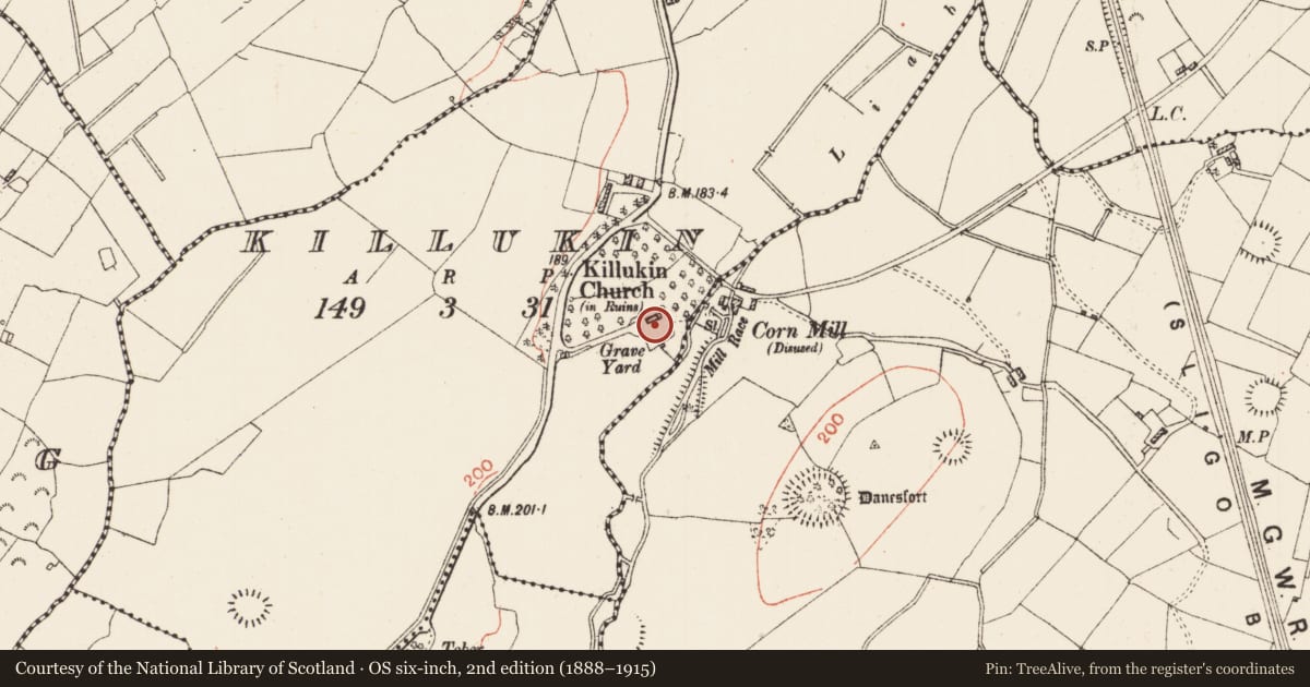 Ordnance Survey six-inch map, 2nd edition (1888–1915) covering the location of Graveyard, Killukin, County Roscommon, with a pin at the register's coordinates