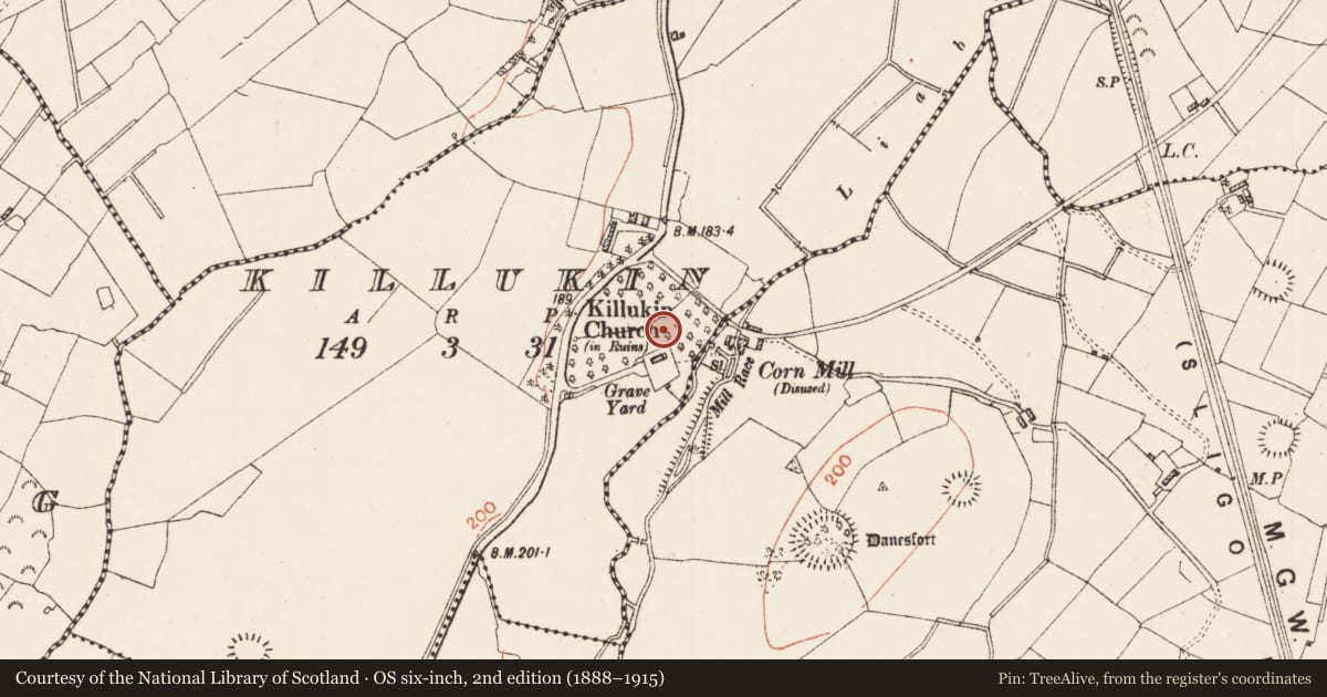 Ordnance Survey six-inch map, 2nd edition (1888–1915) covering the location of Ecclesiastical enclosure, Killukin, County Roscommon, with a pin at the register's coordinates