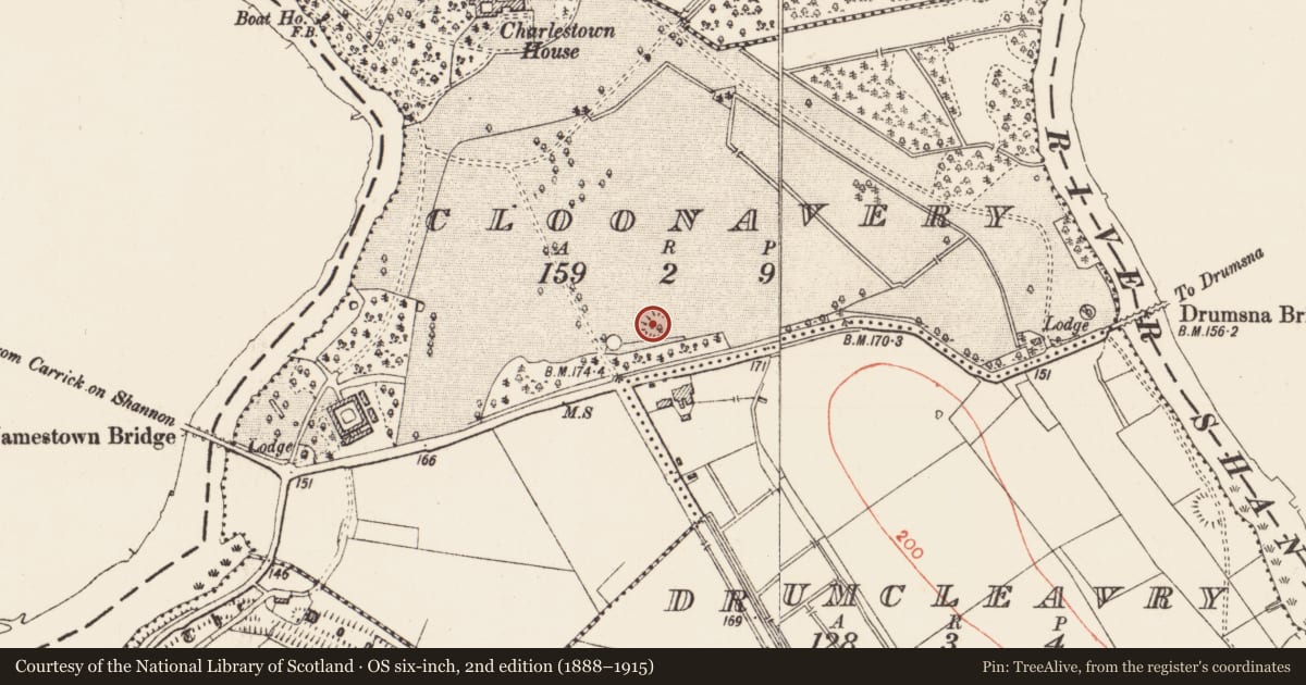 Ordnance Survey six-inch map, 2nd edition (1888–1915) covering the location of Ringfort - rath, Cloonavery, County Roscommon, with a pin at the register's coordinates