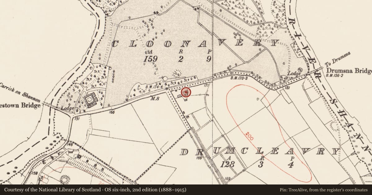 Ordnance Survey six-inch map, 2nd edition (1888–1915) covering the location of Enclosure, Drumcleavry, County Roscommon, with a pin at the register's coordinates