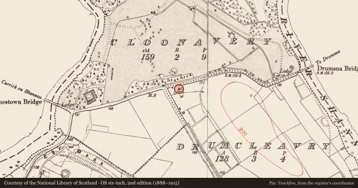 Ordnance Survey six-inch map, 2nd edition (1888–1915) covering the location of Ring-ditch, Drumcleavry, County Roscommon, with a pin at the register's coordinates
