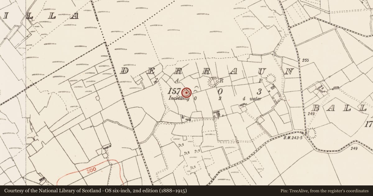 Ordnance Survey six-inch map, 2nd edition (1888–1915) covering the location of Ringfort - rath, Derraun, County Roscommon, with a pin at the register's coordinates