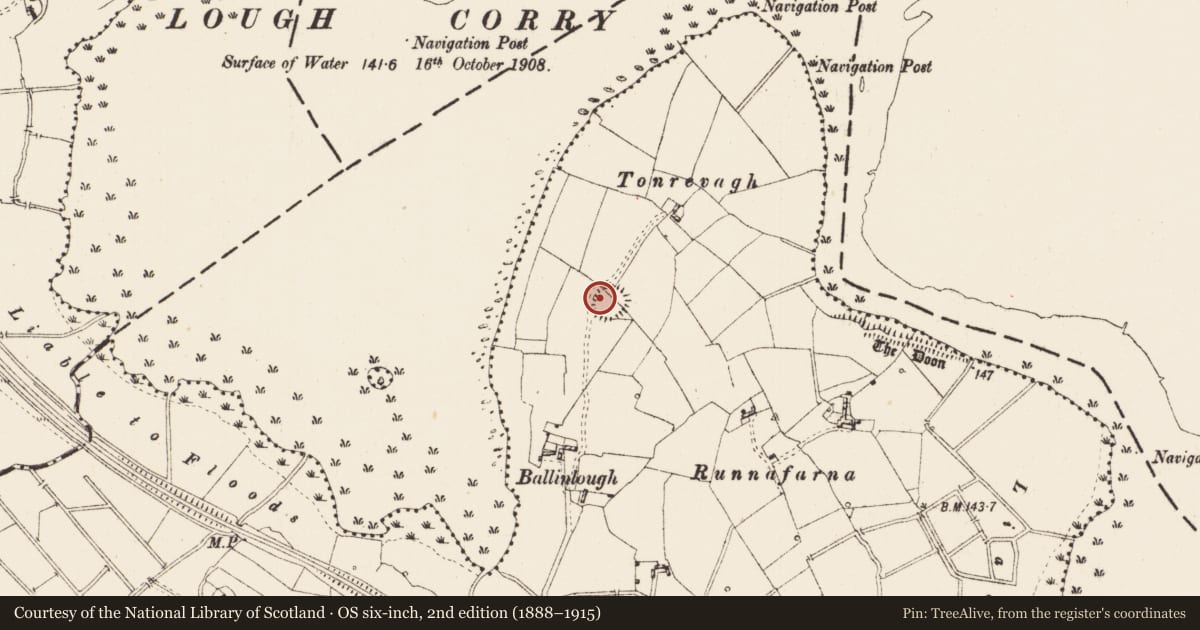 Ordnance Survey six-inch map, 2nd edition (1888–1915) covering the location of Ringfort - rath, Corry, County Roscommon, with a pin at the register's coordinates