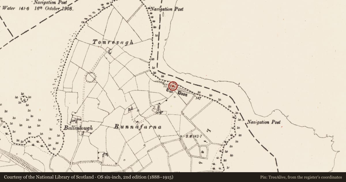 Ordnance Survey six-inch map, 2nd edition (1888–1915) covering the location of Linear earthwork, Corry, County Roscommon, with a pin at the register's coordinates