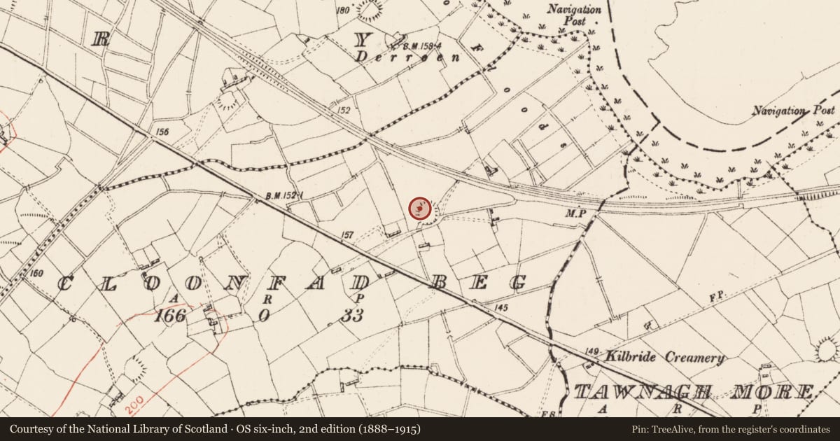 Ordnance Survey six-inch map, 2nd edition (1888–1915) covering the location of Ringfort - rath, Cloonfad Beg, County Roscommon, with a pin at the register's coordinates