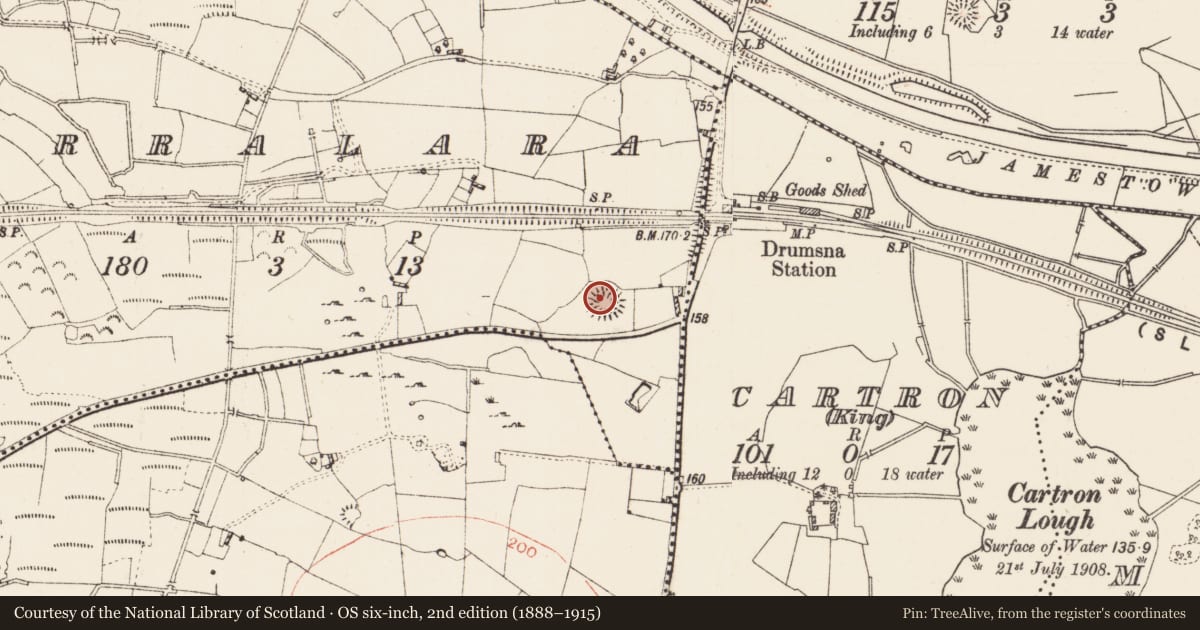 Ordnance Survey six-inch map, 2nd edition (1888–1915) covering the location of Ringfort - rath, Corralara, County Roscommon, with a pin at the register's coordinates