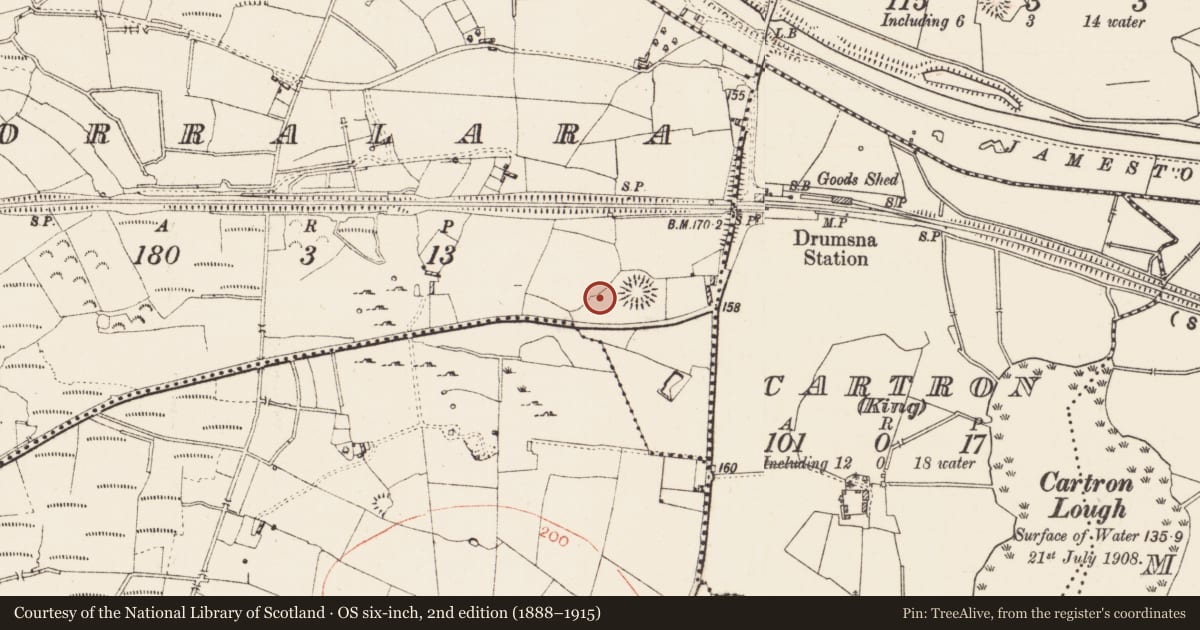 Ordnance Survey six-inch map, 2nd edition (1888–1915) covering the location of Ringfort - rath, Corralara, County Roscommon, with a pin at the register's coordinates