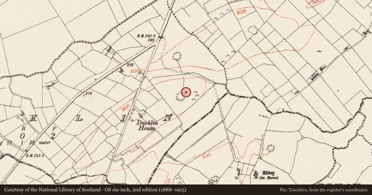 Ordnance Survey six-inch map, 2nd edition (1888–1915) covering the location of Barrow - mound barrow, Dacklin, County Roscommon, with a pin at the register's coordinates
