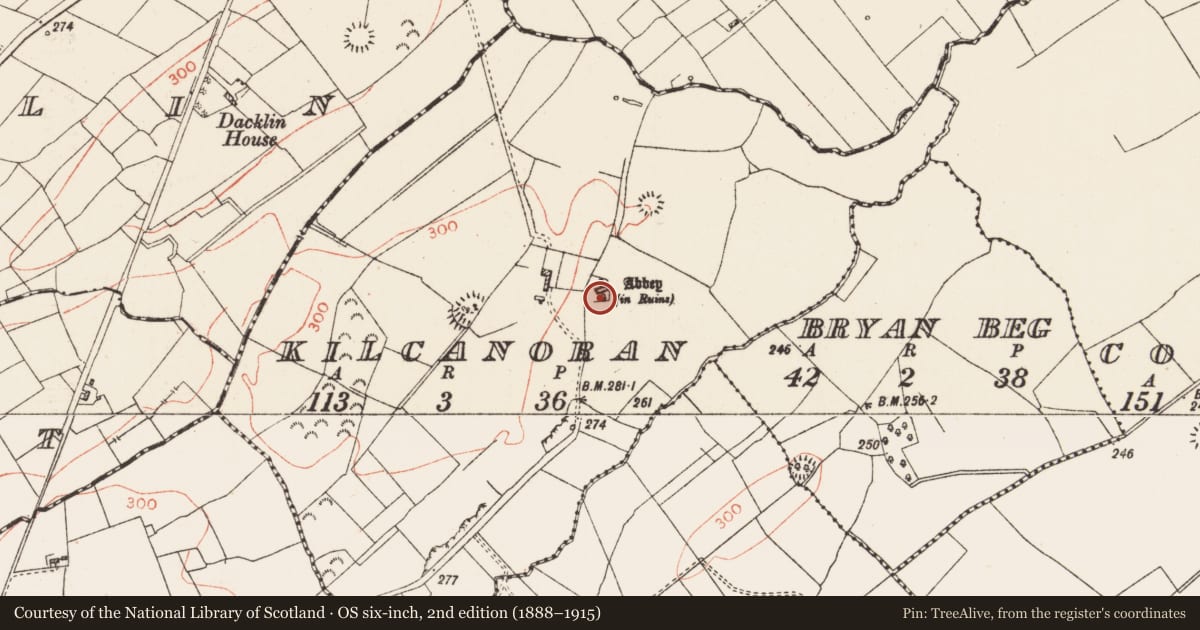Ordnance Survey six-inch map, 2nd edition (1888–1915) covering the location of Graveyard, Kilcanoran, County Roscommon, with a pin at the register's coordinates