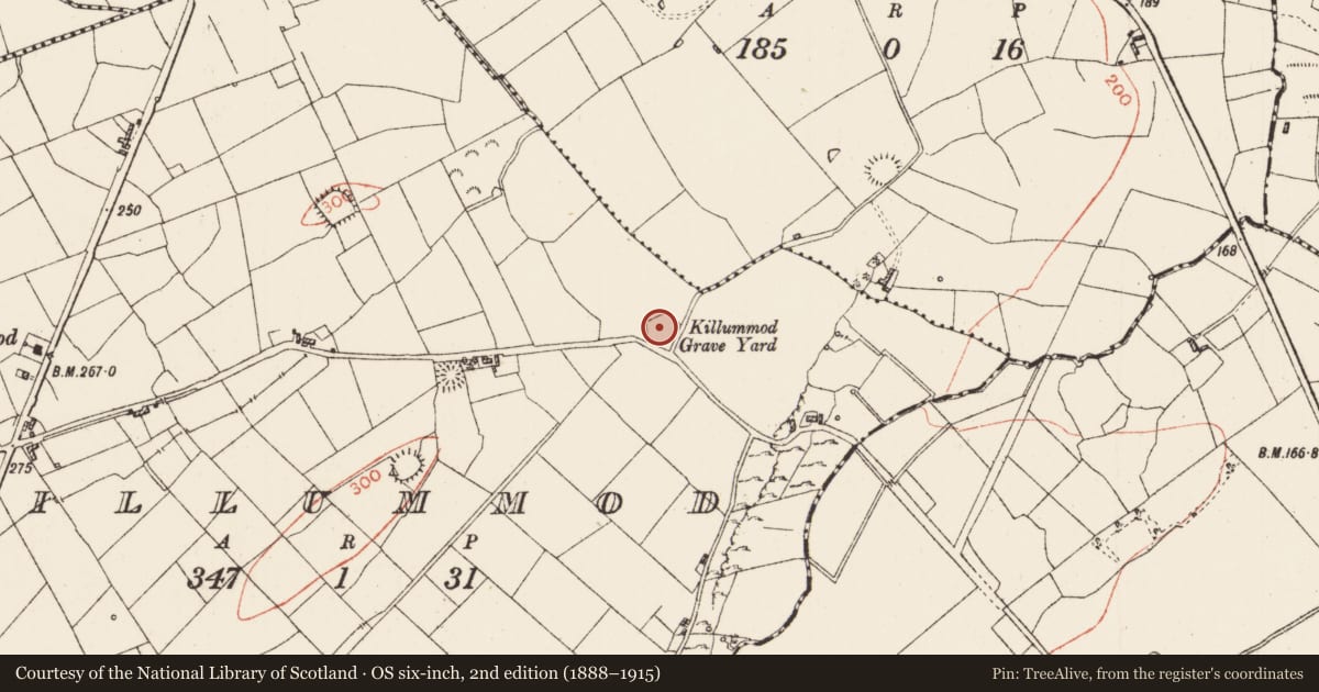 Ordnance Survey six-inch map, 2nd edition (1888–1915) covering the location of Church, Killummod, County Roscommon, with a pin at the register's coordinates