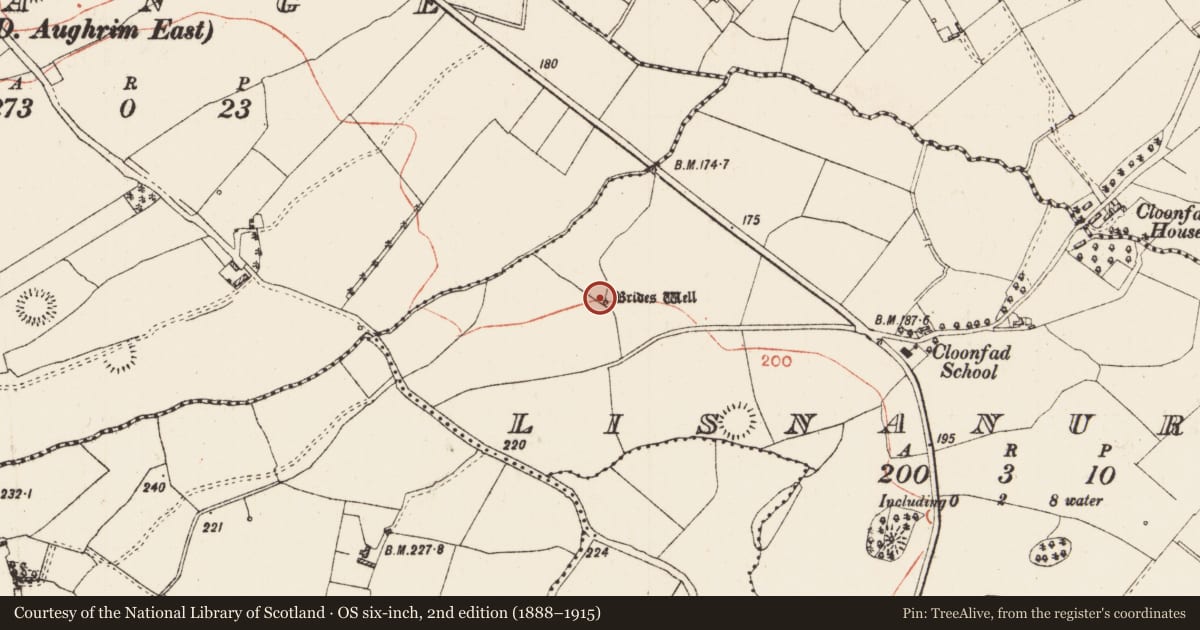 Ordnance Survey six-inch map, 2nd edition (1888–1915) covering the location of Ritual site - holy well, Lisnanuran, County Roscommon, with a pin at the register's coordinates