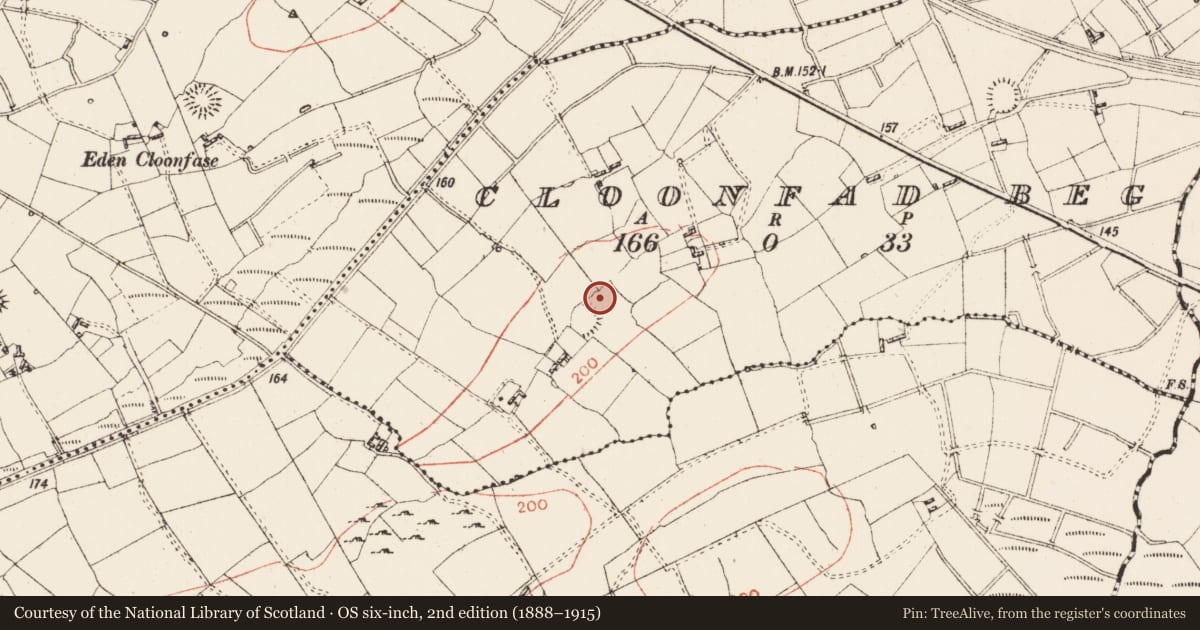 Ordnance Survey six-inch map, 2nd edition (1888–1915) covering the location of Ringfort - rath, Cloonfad Beg, County Roscommon, with a pin at the register's coordinates