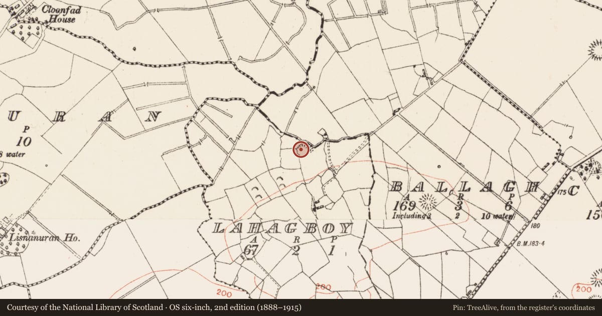 Ordnance Survey six-inch map, 2nd edition (1888–1915) covering the location of Earthwork, Lahagboy, County Roscommon, with a pin at the register's coordinates