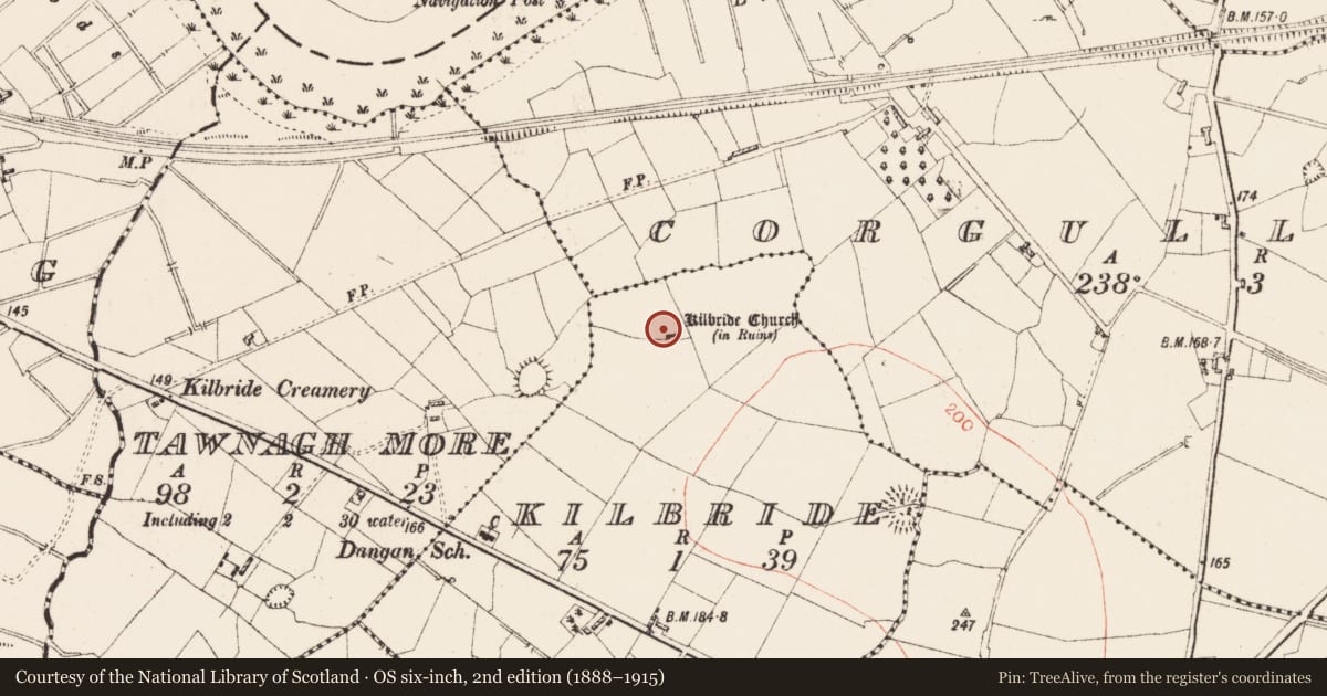 Ordnance Survey six-inch map, 2nd edition (1888–1915) covering the location of Ecclesiastical enclosure, Kilbride, County Roscommon, with a pin at the register's coordinates
