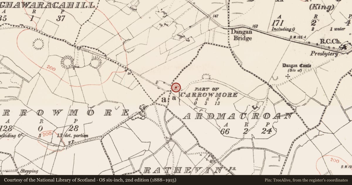 Ordnance Survey six-inch map, 2nd edition (1888–1915) covering the location of Ringfort - rath, Ardmacroan, County Roscommon, with a pin at the register's coordinates