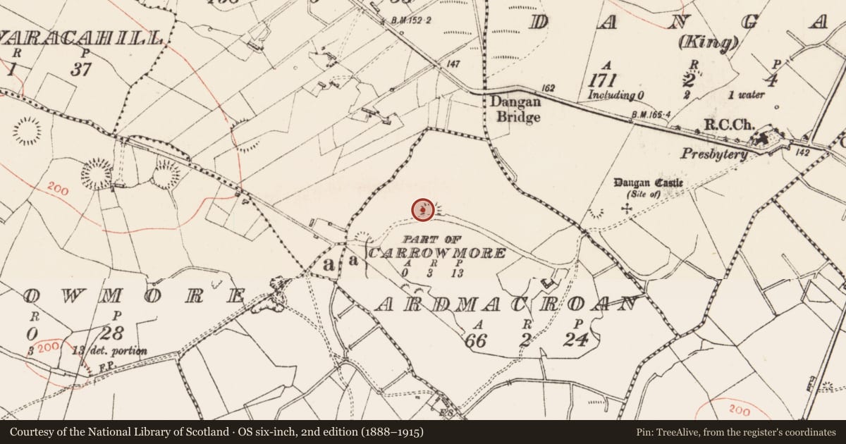 Ordnance Survey six-inch map, 2nd edition (1888–1915) covering the location of Enclosure, Ardmacroan, County Roscommon, with a pin at the register's coordinates