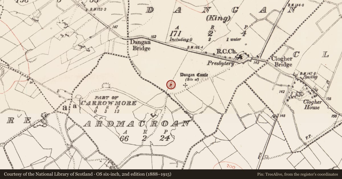 Ordnance Survey six-inch map, 2nd edition (1888–1915) covering the location of Ringfort - rath, Dangan (King), County Roscommon, with a pin at the register's coordinates